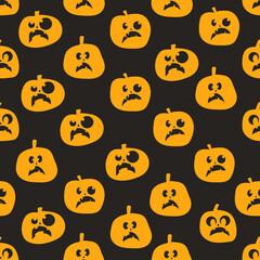 Seamless pattern of glowing halloween pumpkins on black background. Scary and funny faces. Cute Pumpkin or ghost. Vector autumn holidays illustration