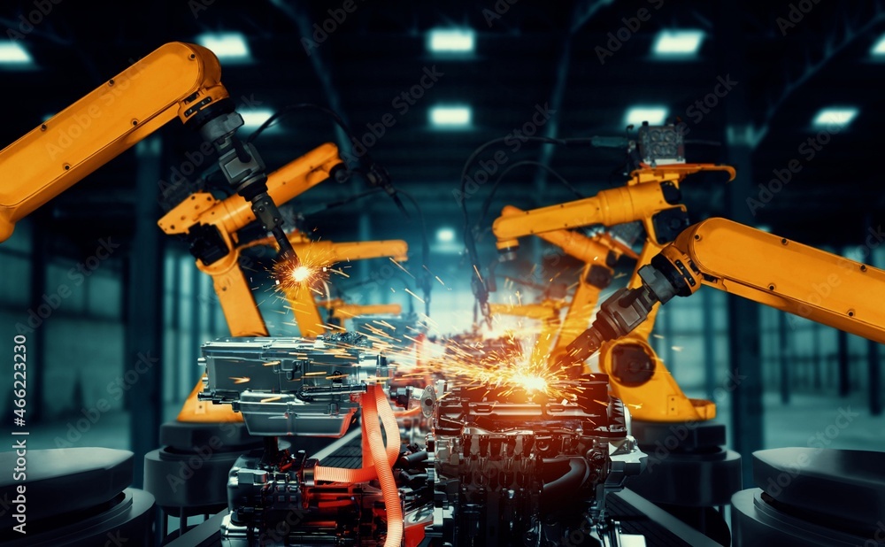 Aufkleber mechanized industry robot arm for assembly in factory production line . concept of artificial intell