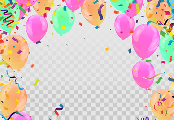 Colorful balloons pink and orange with triangular party flags, confetti and paper streamers Place for your text. Design