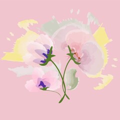 Three watercolor, sensual flowers on a pink background