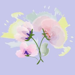 Three watercolor, sensual flowers on a violet background