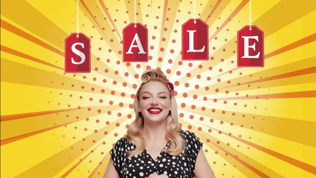 SALE phrase in vintage style for comic superhero text. Exitwd blond woman posing look camera pointing fingers hands up on copy space workspace isolated on Vintage backdrop. BLACK FRIDAY content.