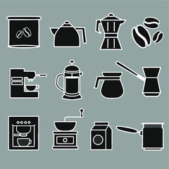 Set of coffee equipment for shop icon. Vector illustration with white line and black object isolated. Suitable for icon, logo, or clip art