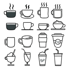 Set of coffee icon in mug and glass. Vector illustration thin line style.  