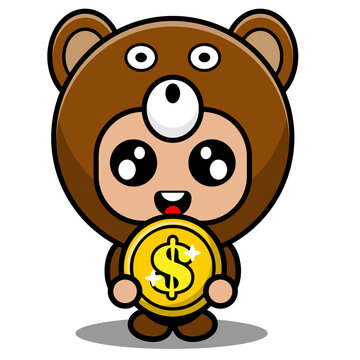 vector cartoon character cute bear animal mascot costume holding coin