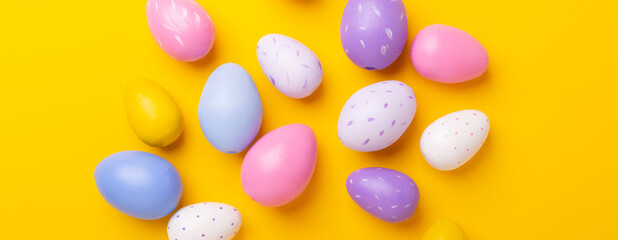 Easter banner with decorative painted multicolored eggs. Easter concept