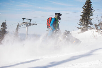 Man on a snowmobile in forest.