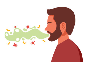 Man with bad breath in flat design on white background. Smelly mouth concept vector illustration. Oral health.