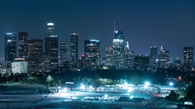 Los Angeles Downtown Skyline and Covid Vaccination Site from Elysian Park Night Time Lapse California USA
