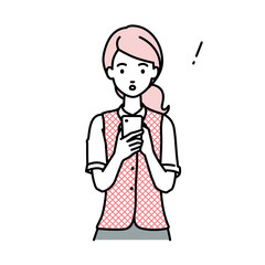 立ってスマートフォンを操作して何かに気づいて驚いた事務員制服の女性