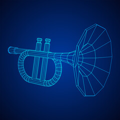 Trumpet pipe fife musiacal instrument. Wireframe low poly mesh vector illustration.