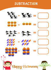 Halloween Counting Math Worksheet. Additional math worksheet for preschool. Educational printable math worksheet. Preschool Education. Vector illustration.