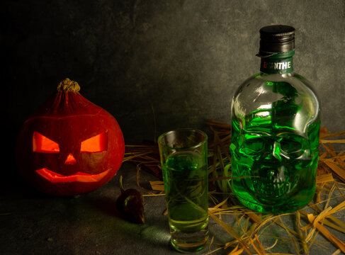 Skull Shaped Bottle Green Alcohol Absinthe Stock Illustration 423732628