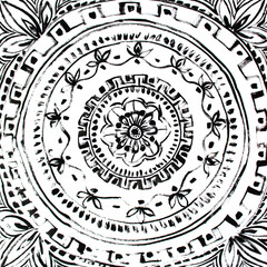 Ornate black and white boho mandala decor: circle, line, point, stripe, wave, swirl. Hand-drawn acrylic. Creative background for meditation, coloring book, yoga, relax, balance, spiritual