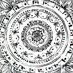 Obraz premium Ornate black and white boho mandala decor: circle, line, point, stripe, wave, swirl. Hand-drawn acrylic. Creative background for meditation, coloring book, yoga, relax, balance, spiritual