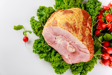 Smoked and presliced pork ham decorated with fresh radish.