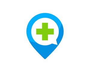 Blue pin location with bubble chat and healthy cross symbol inside