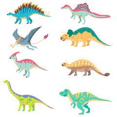 Dinosaur cartoon isolated set.  Spinosaurus, Pterodactyl, Triceratops, Parasaurolophus, Ankylosaurus, Brachiosaurus, Tyrannosaurus