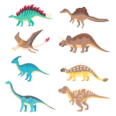 Dinosaurs vector Set. Spinosaurus, Pterodactyl, Triceratops, Parasaurolophus, Ankylosaurus, Brachiosaurus, Tyrannosaurus