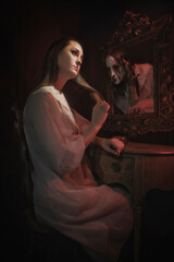 This image shows an unknowing woman sitting in a regal victorian scene brushing hair while bloody...
