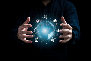 Man hand protecting virtual world  with internet connection for metaverse. Global business...