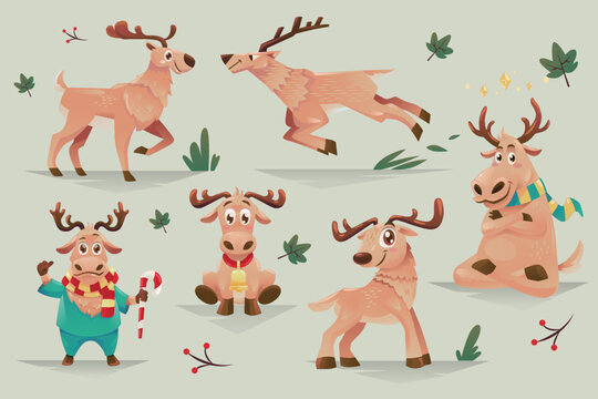 Deer Rendeer fun Cartoon Illustration set 