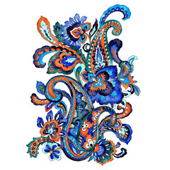 Watercolor hand drawn paisley flowers pattern, ethnic vintage design elements.
