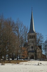 Kabile village lutheran church in sunny winter day, Latvia.