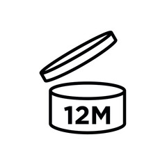 Period after opening (PAO). The expiration date (in months) icon of cosmetics and household chemicals after opening the container. Cylindrical open container in black. Isolated vector pictogram. 