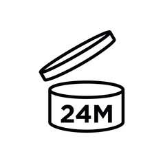 Period after opening (PAO). The expiration date (in months) icon of cosmetics and household chemicals after opening the container. Cylindrical open container in black. Isolated vector pictogram. 