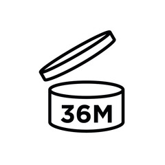 Period after opening (PAO). The expiration date (in months) icon of cosmetics and household chemicals after opening the container. Cylindrical open container in black. Isolated vector pictogram. 