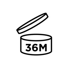Period after opening (PAO). The expiration date (in months) icon of cosmetics and household chemicals after opening the container. Cylindrical open container in black. Isolated vector pictogram. 