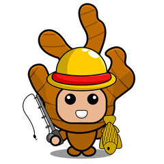 vector cartoon character cute ginger spice mascot costume holding fishing rod and fish