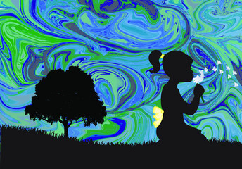 Silhouette of a girl blowing a wish on a dandelion in a kneeling silhouette of grass field with a tree in the distance on an abstract sky background