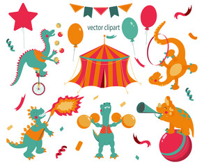 Cute dinosaurs at a circus party on a white background. Funny vector clipart for children.