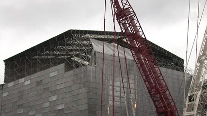 Moscow, Russia - 28 November 2009: Close-up tower-mounted crane. Special machines on the construction site. Device for a heavy load.
