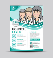Hospital flyer template, Brochure Cover healthcare, Medical brochure design, leaflets for clinic, pharmacy. leaflet, booklet, poster, advertisement, printing, women doctor cartoon, vector A4 size 