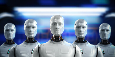 Group of artificial intelligence robots or cyborgs