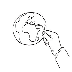 line art closeup hand of businessman holding flat world illustration vector isolated on white background