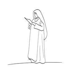line art nun reading a paper illustration vector isolated on white background