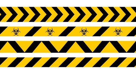 barrier tape seamless pattern, warning fence, biohazard, movement restriction, yellow black stripes set, isolated