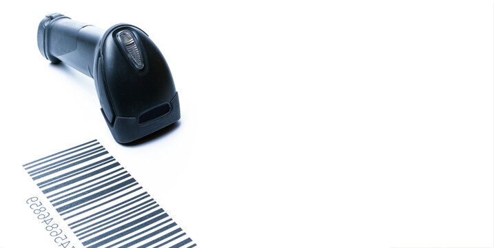 Barcode scanning. Reader laser scanner for warehouse. Retail label barcode scan isolated on white background. Warehouse inventory management.