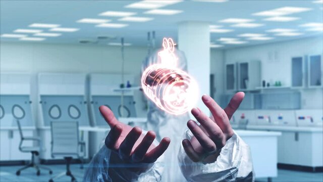 scientist engineer examines a holographic model of a spacecraft