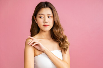 Beautiful Young Asian Woman short hair  with Clean Fresh Skin. Face care, Facial treatment, Cosmetology, beauty and healthy skin and cosmetic ideas concept.