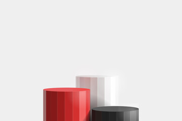 Cylinder three steps of red, white, black, blank product stand on white background. Vector illustration.