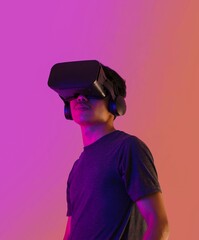 man wearing virtual reality headset vr world neon light