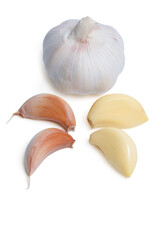 Fresh peeled garlic cloves, bulb  with garlic slices isolated on white background