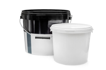 Two plastic bucket with putty and paint on white background.