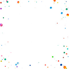 Watercolor confetti on white background. Adorable rainbow colored dots. Happy celebration square colorful bright card. Dramatic hand painted confetti.