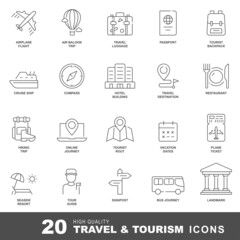 Travel and tourism line icons. Vacation and hotel icon set with editable stroke
